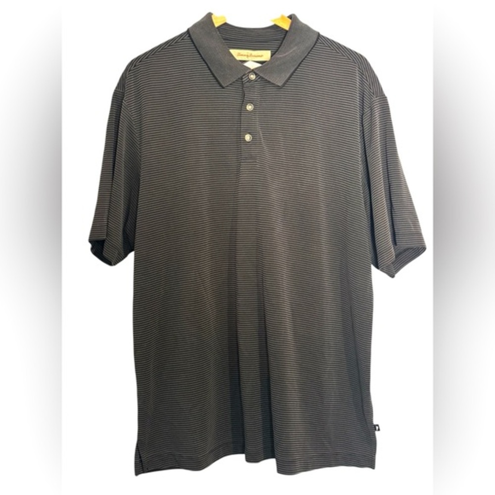 Tommy Bahama Grey and Black Striped‎ Striped Collared Casual Polo Size XL EUC